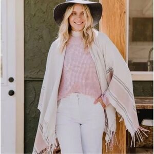 NWT Siizu Grey Striped Fringe Soft Convertible Poncho Wrap Scarf